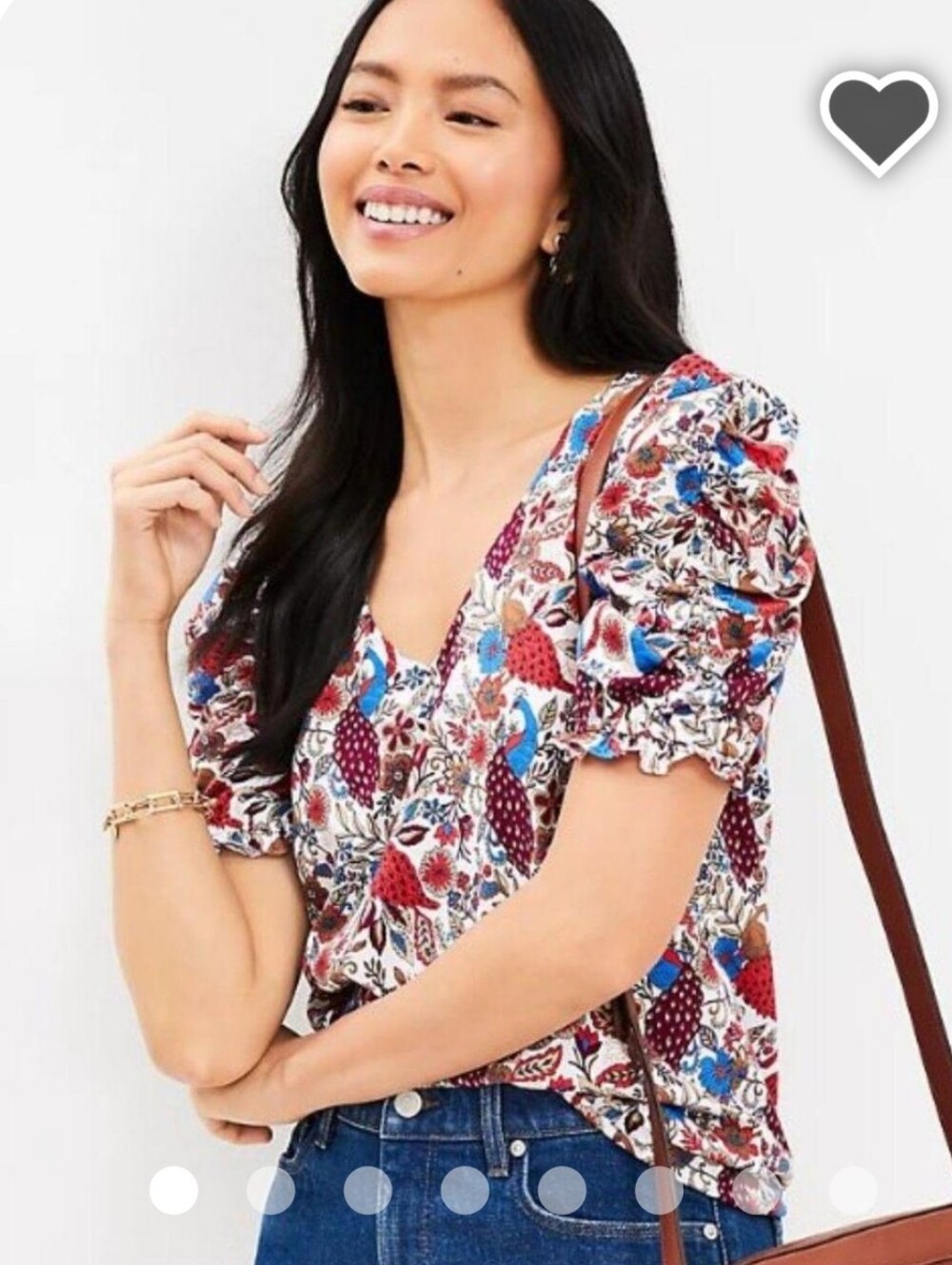 LOFT White Floral & Peacock-Print V-Neck Puff Sleeve Top